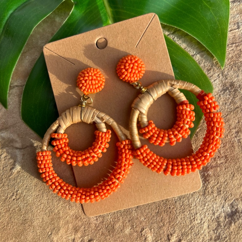 Orange Rattan Bead Seed Statement Earrings NWT LAST PAIR